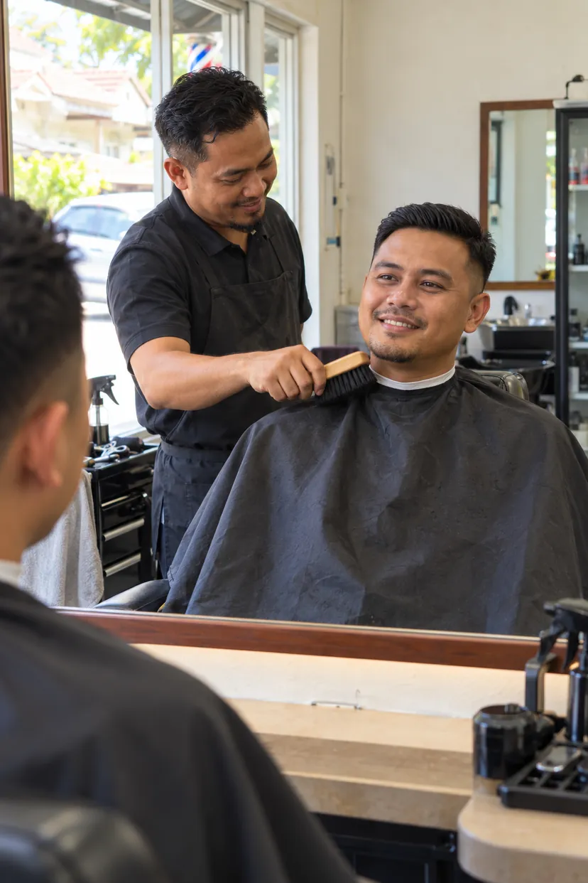 Lelaki senyum depan cermin kedai gunting, hairline penuh