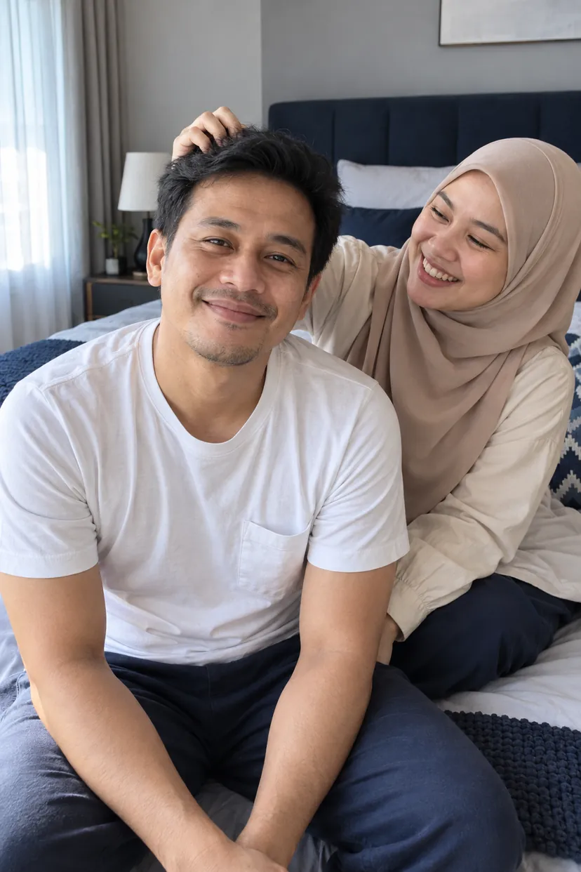 Isteri ketawa usap rambut suami yang dah padat