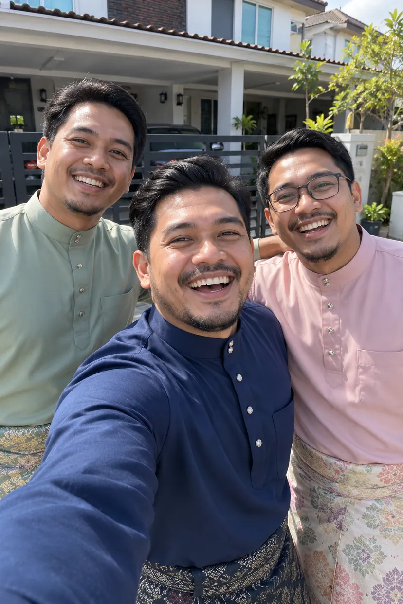 Lelaki selfie pagi raya dengan kawan, hairline penuh