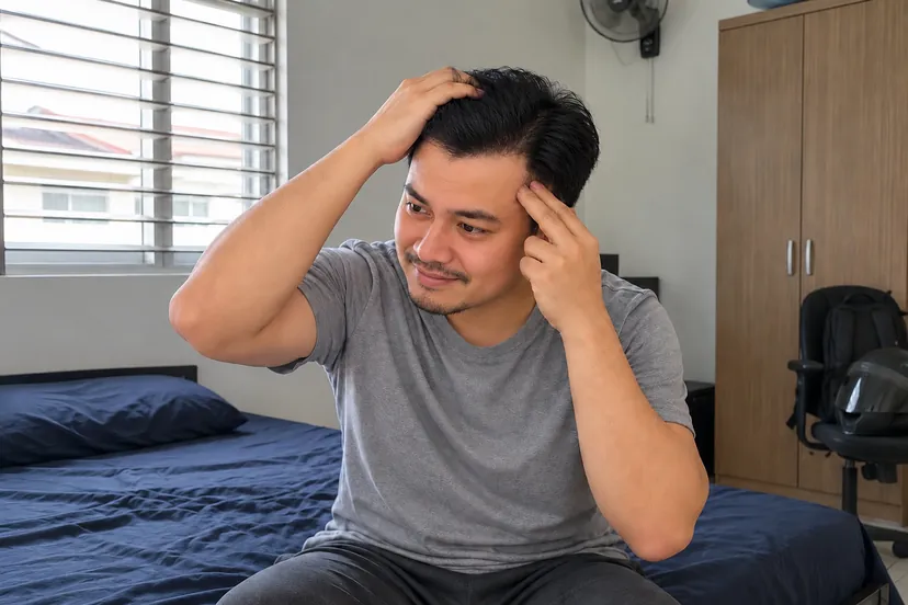 Lelaki yang sama tersenyum lega, hairline lebih penuh