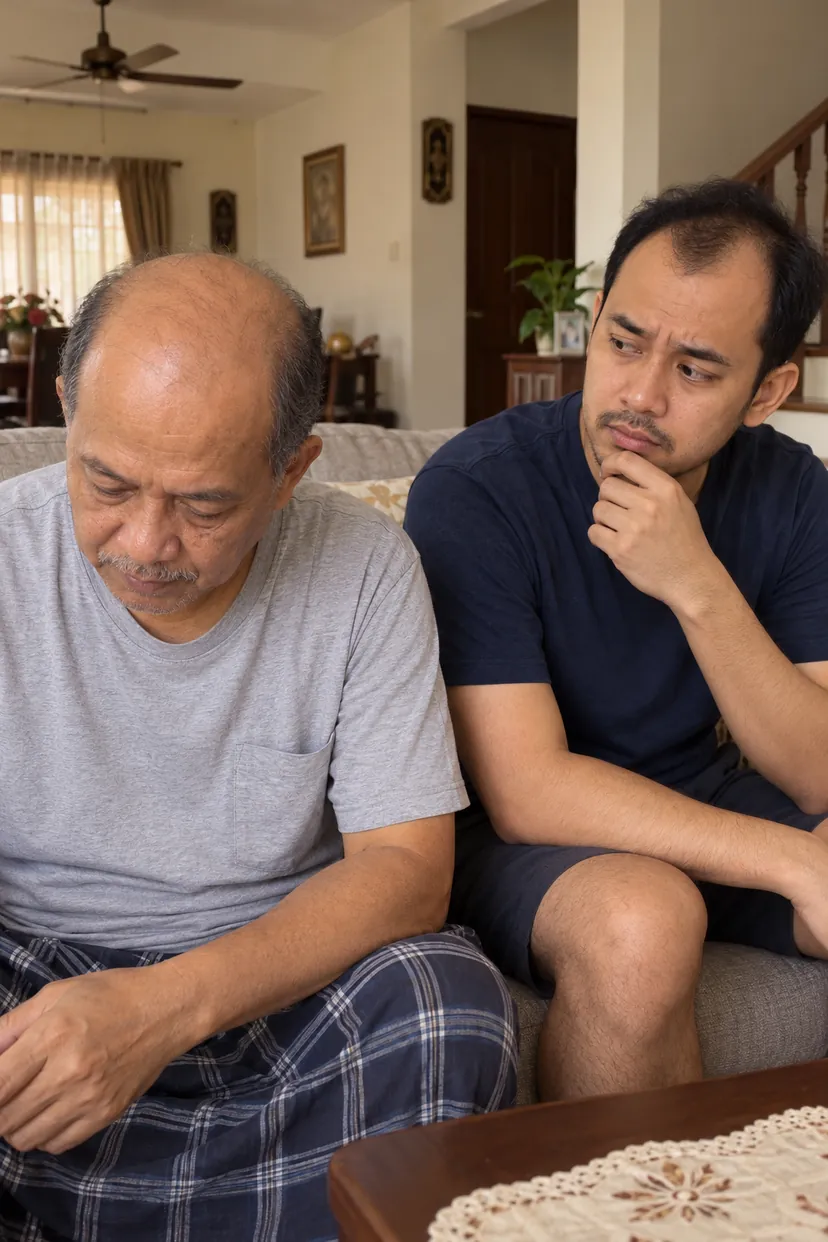 Anak lelaki tengok kepala ayah yang dah botak, hairline sendiri pun dah naik
