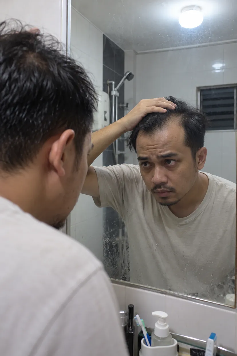 Lelaki tolak rambut ke atas depan cermin bilik air, tengok tepi dahi yang makin naik