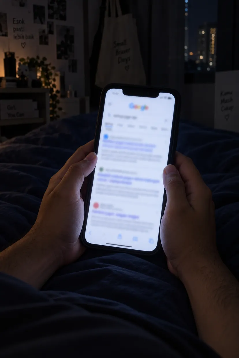 Tangan lelaki pegang telefon dalam gelap, cari pasal rambut gugur