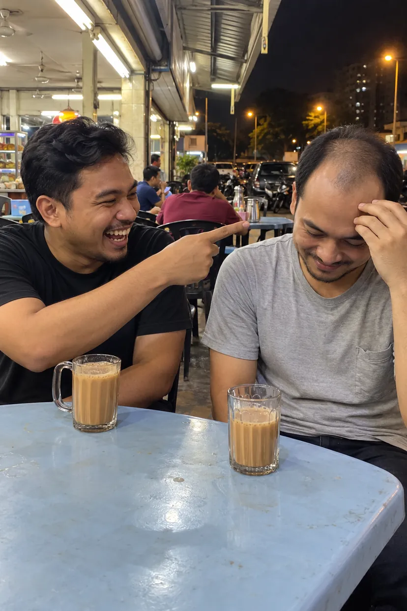 Kawan ketawa tunjuk dahi lelaki di kedai mamak, lelaki tu senyum paksa pegang dahi
