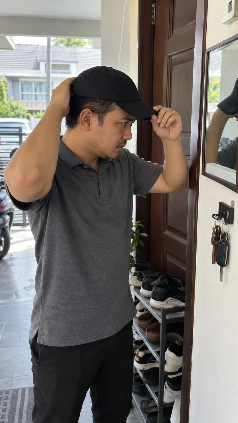 Lelaki tarik topi rendah depan cermin pintu rumah untuk tutup dahi