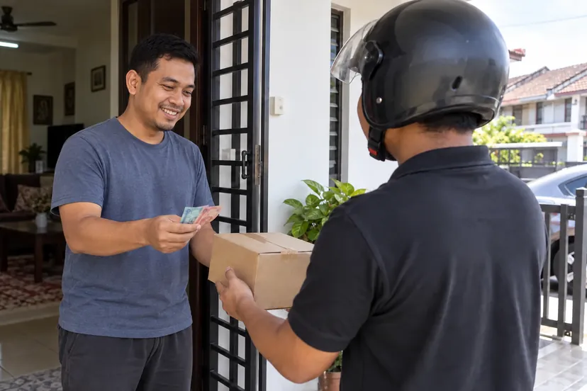 Lelaki terima bungkusan dan bayar tunai di pintu