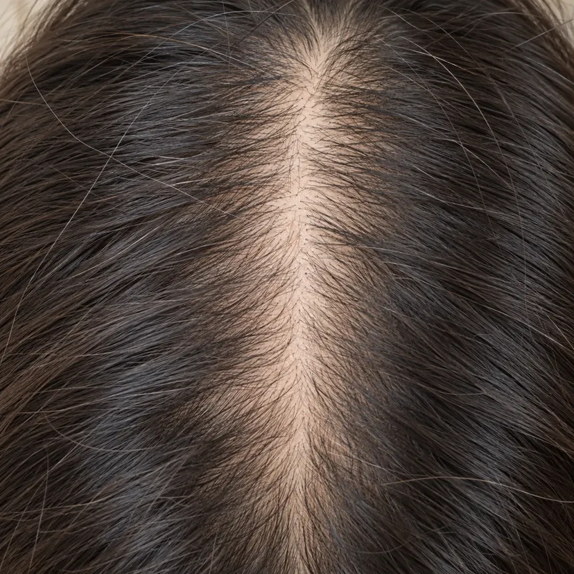 Belahan rambut lebar, kulit kepala nampak