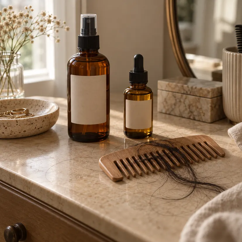 Botol tonic dan serum dengan sikat penuh rambut