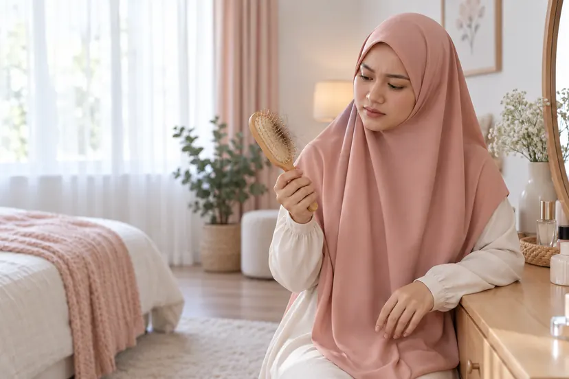 Wanita bertudung risau pegang berus penuh rambut gugur