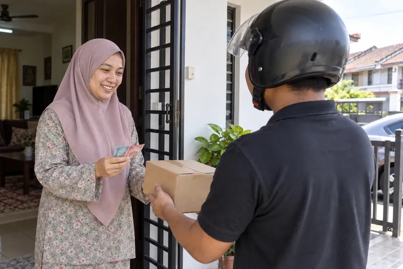 Wanita bertudung terima bungkusan dan bayar tunai di pintu
