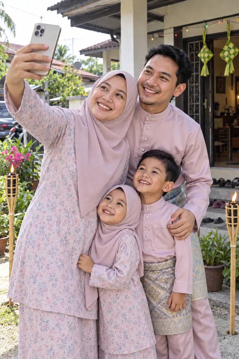 Keluarga bergambar selfie pagi raya depan rumah