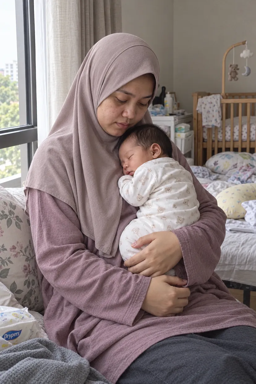 Ibu bertudung dukung bayi baru lahir dekat tingkap