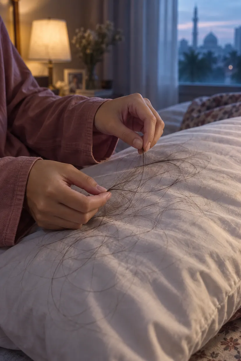 Tangan berlengan panjang kutip rambut gugur atas bantal waktu subuh